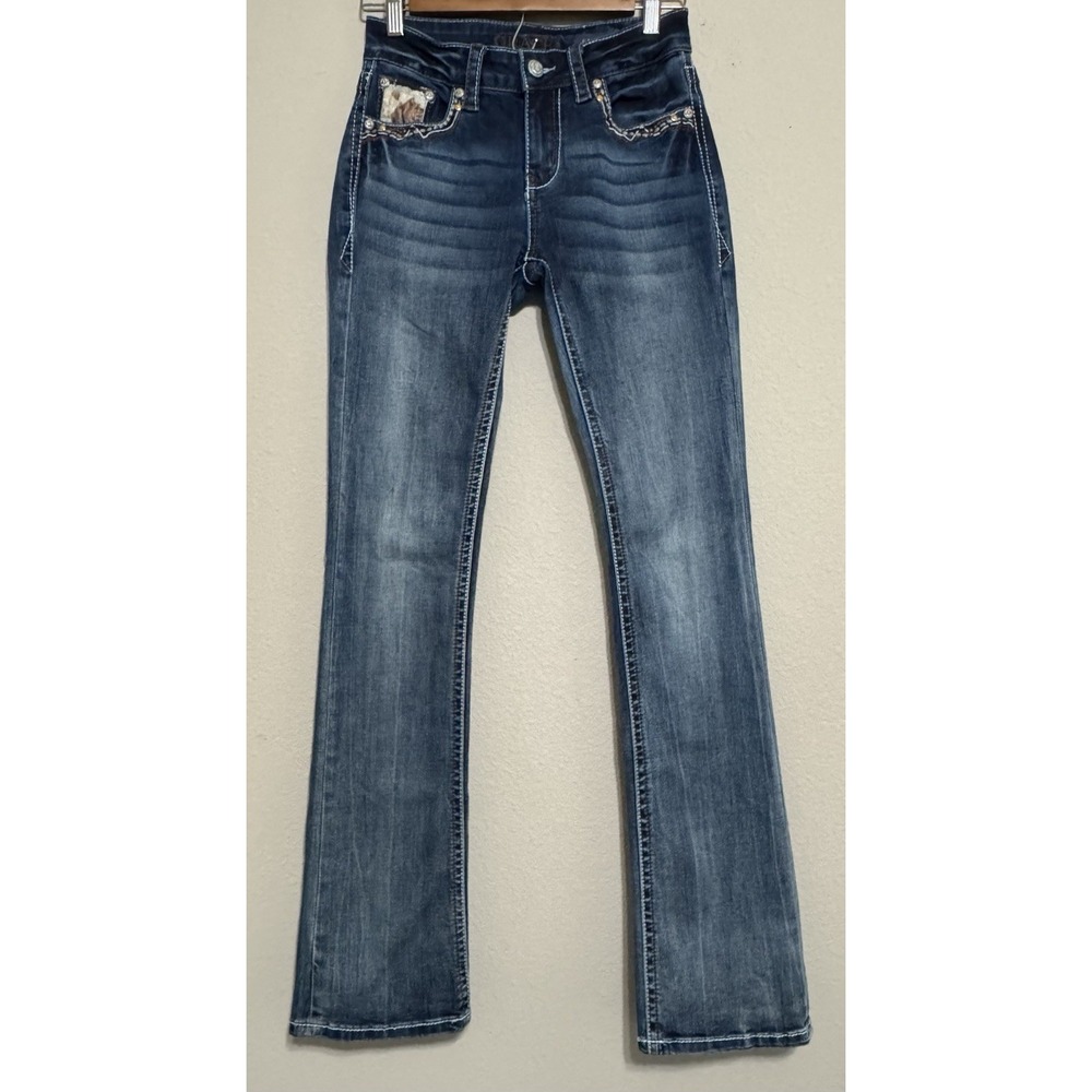 Grace In LA Womens 25x33 Tall Jeans Bootcut Western Cow Print Embroidered Stones